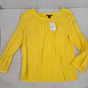 NEW J Crew Women Linen Cabana Top Bright Yellow Shirt Long Sleeve Popover Resort